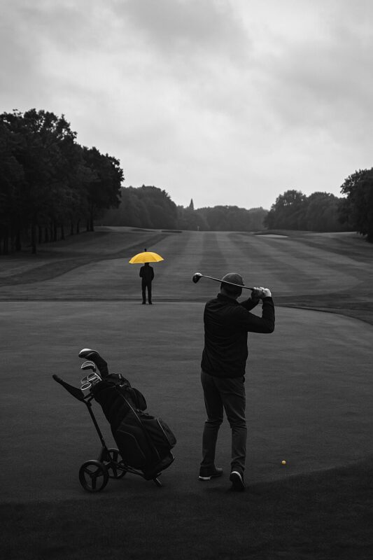 Golfspiller svinger en golfkølle med en golfvogn i baggrunden og en person med en gul paraply.