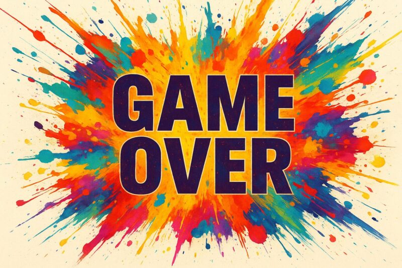 Grafik med teksten 'Game Over' i store bogstaver omgivet af farverige sprøjt af maling.
