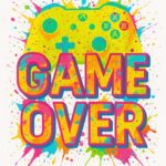 Grafik med teksten 'Game Over' og en spilkonsol i farverig design med sprøjtede farver.