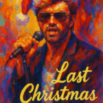 Farverigt maleri af George Michael iført solbriller og julesanta hat, mens han synger.