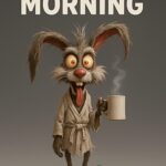 En tecknet kanin i badekåbe holder en kop kaffe med damp, med teksten 'GOOD MORNING' i baggrunden.