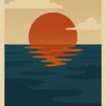 Grafisk illustration af en solnedgang med en stor orange sol over havet og skyer i baggrunden.