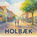 Vandfarvet maleri af en gade i Holbæk med mennesker og bygninger i farver.