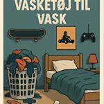 Illustration af en vasketøjskurv fyldt med tøj og en seng med en sok på gulvet.