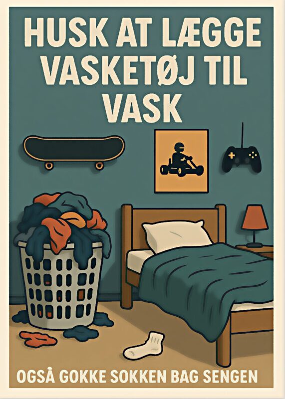 Illustration af en vasketøjskurv fyldt med tøj og en seng med en sok på gulvet.
