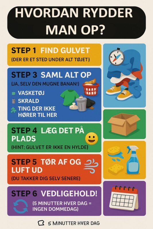 Illustration med trin-for-trin instruktioner til oprydning, herunder forskellige opgaver og tips.