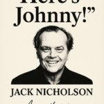 Sort-hvidt billede af Jack Nicholson med teksten 'Here's Johnny!' og hans underskrift.