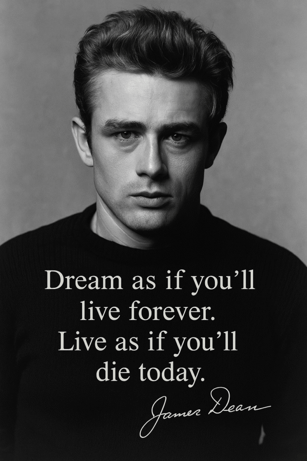 Sort-hvidt portræt af James Dean med citatet 'Dream as if you’ll live forever. Live as if you’ll die today.'