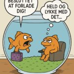 To orange tegneserie fisk i et akvarium, hvor den ene fisk taler til den anden fra en kasse.
