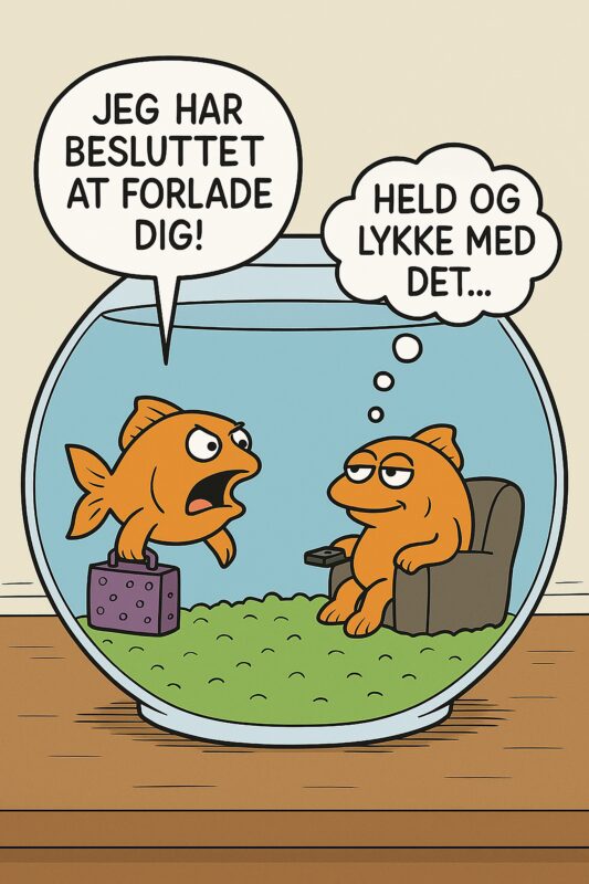 To orange tegneserie fisk i et akvarium, hvor den ene fisk taler til den anden fra en kasse.
