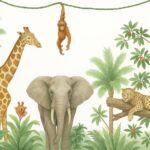 Illustration af en elefant, giraf, orangutang, leopard og fugl blandt planter og træer.