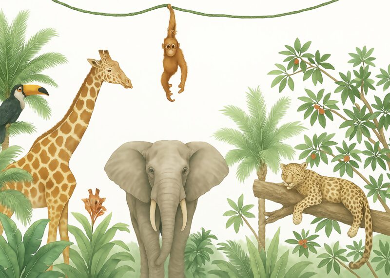 Illustration af en elefant, giraf, orangutang, leopard og fugl blandt planter og træer.