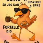 Farverig illustration af en fugl med solbriller, der holder en kop kaffe og en småkage.