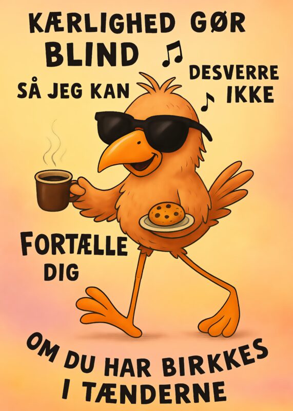 Farverig illustration af en fugl med solbriller, der holder en kop kaffe og en småkage.