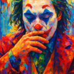 Farverigt maleri af klovnen Joker med en eftertænksom gestus og farverig baggrund.