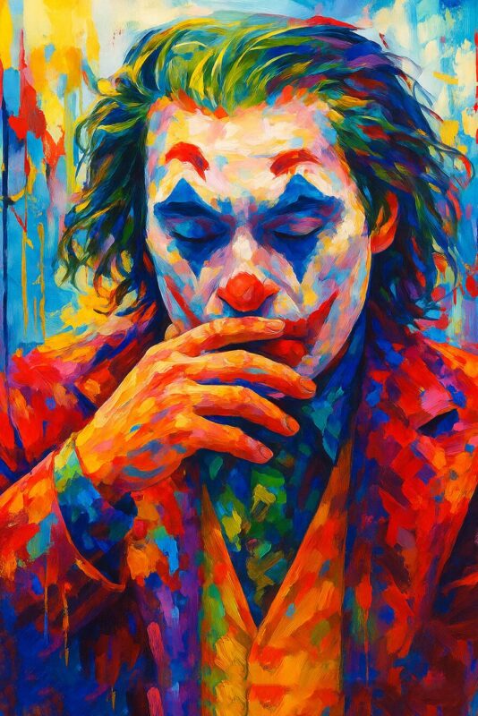 Farverigt maleri af klovnen Joker med en eftertænksom gestus og farverig baggrund.