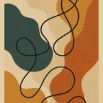 Abstrakt billede med organiske former i brune, grønne og beige nuancer samt sorte linjer.