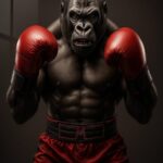 En muskuløs gorilla iført røde boksehandsker står i en bokseposition.
