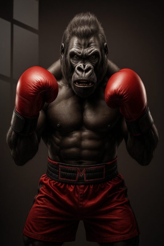 En muskuløs gorilla iført røde boksehandsker står i en bokseposition.