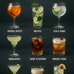 Billede af forskellige klassiske cocktails præsenteret i glas på en mørk baggrund.