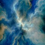 Abstrakt billede af en kosmisk storm med blå og gyldne nuancer.