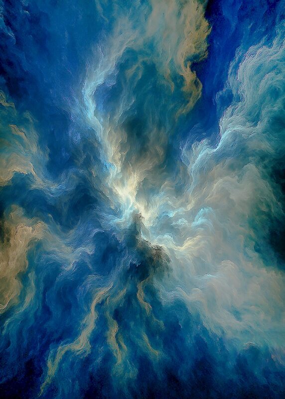 Abstrakt billede af en kosmisk storm med blå og gyldne nuancer.