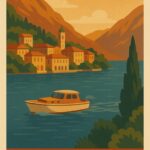 Illustration af en båd på Lake Como med bjerge og bygninger i baggrunden.