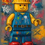 En Lego mand i blå arbejdstøj med en gul hjelm og farverige malerpletter.