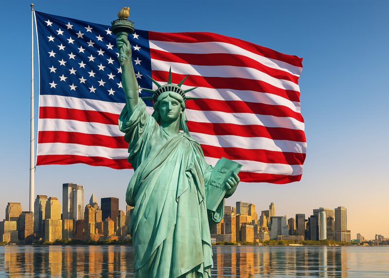 Statue of Liberty med det amerikanske flag i baggrunden og skyline af New York City.