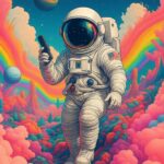 Astronaut i rumdragt holder en pistol i en farverig, psykedelisk galakse med planeter.