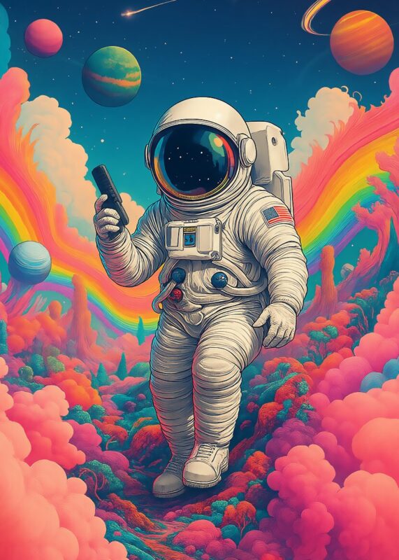 Astronaut i rumdragt holder en pistol i en farverig, psykedelisk galakse med planeter.