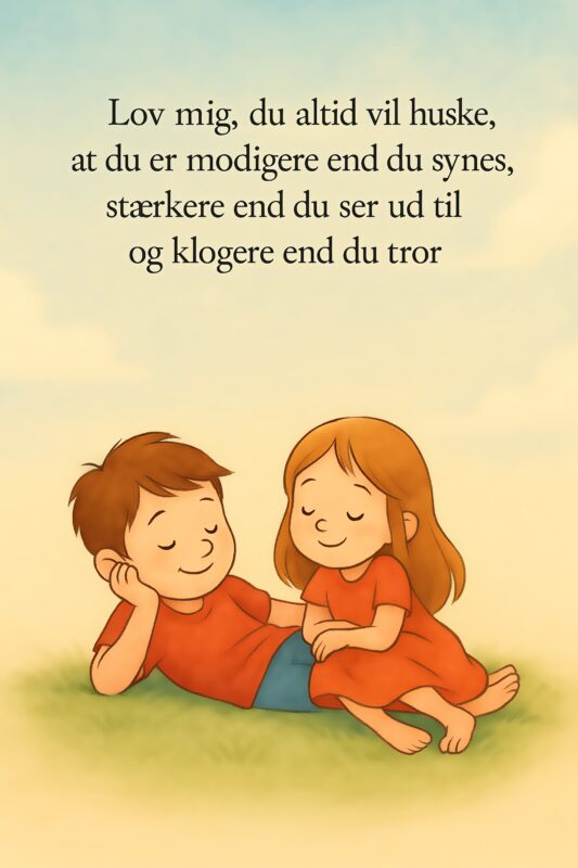 To børn, en dreng og en pige, sidder sammen med en inspirerende tekst over dem.