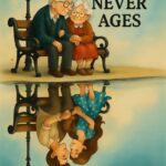 Illustration af et ældre par på en bænk med teksten 'Love Never Ages' over en refleksion i vandet.