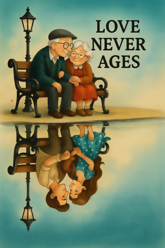 Illustration af et ældre par på en bænk med teksten 'Love Never Ages' over en refleksion i vandet.