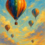 Fem farverige luftballoner svæver op i en blå og orange himmel med skyer.