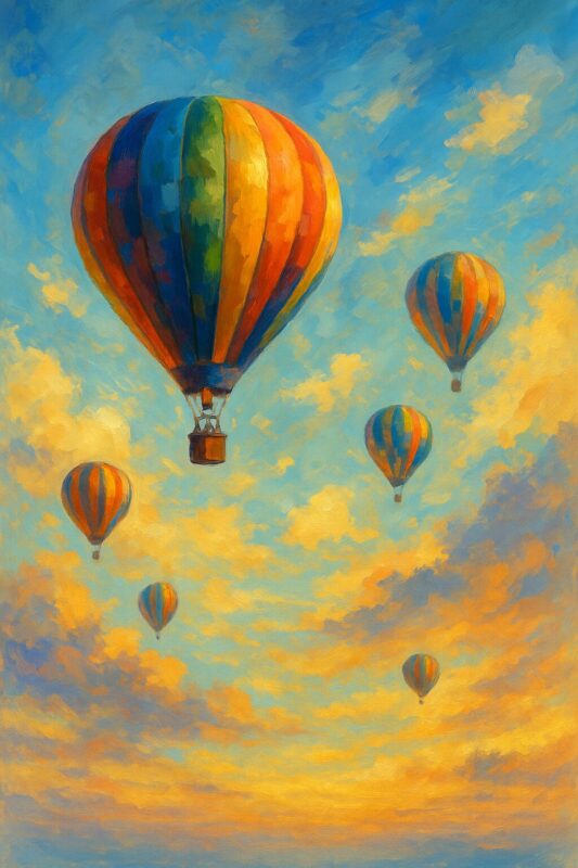 Fem farverige luftballoner svæver op i en blå og orange himmel med skyer.