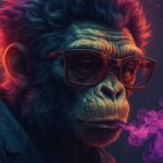 Gorilla med briller, der ryger en røgfyldt cigaret i en kunstnerisk stil.