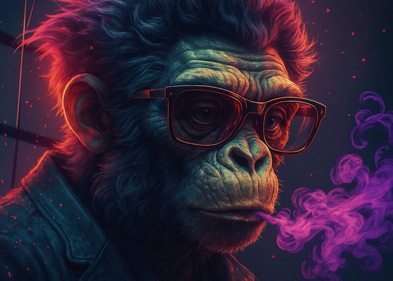 Gorilla med briller, der ryger en røgfyldt cigaret i en kunstnerisk stil.