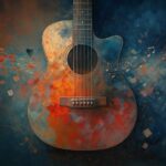 Akustisk guitar med farver og musiknoter svævende omkring den i en kunstnerisk stil.