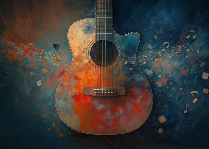 Akustisk guitar med farver og musiknoter svævende omkring den i en kunstnerisk stil.
