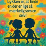 To børn sidder på en bænk med farverig baggrund og blomster omkring dem.