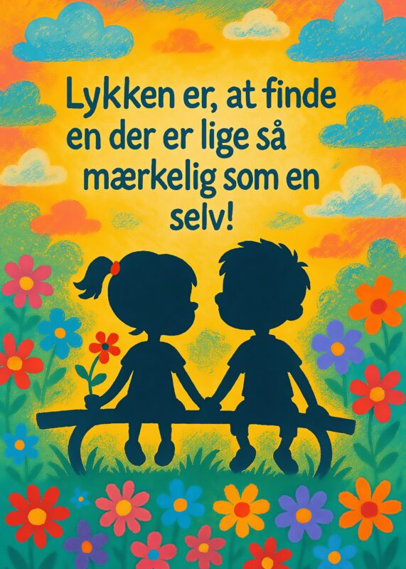 To børn sidder på en bænk med farverig baggrund og blomster omkring dem.