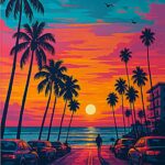 En solnedgang over havet med palmer og biler langs vejen i Miami.