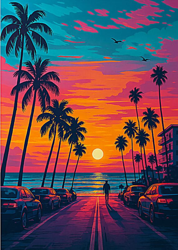 En solnedgang over havet med palmer og biler langs vejen i Miami.