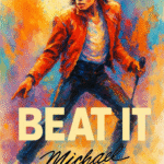 Farverigt kunstværk af Michael Jackson i rød jakke med teksten 'BEAT IT'.