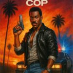 Illustration af en mand med pistol og håndjern fra Beverly Hills Cop filmplakat.