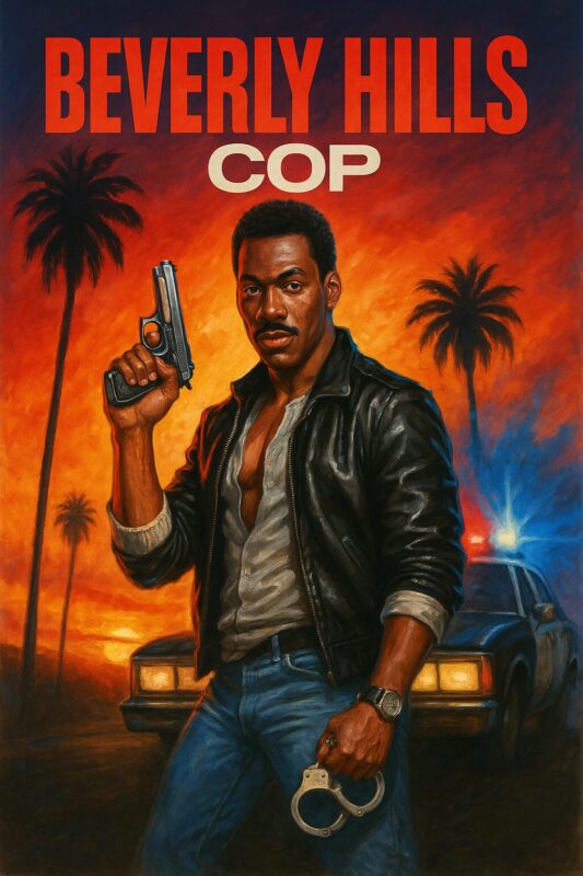 Illustration af en mand med pistol og håndjern fra Beverly Hills Cop filmplakat.