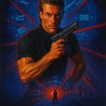 Filmplakat for Time Cop med en mand med pistol og en baggrund af ur og lysstråler.