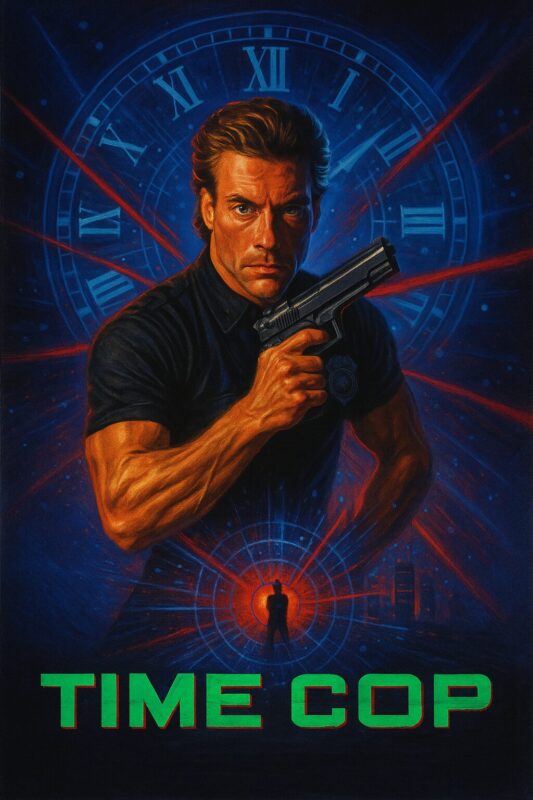 Filmplakat for Time Cop med en mand med pistol og en baggrund af ur og lysstråler.