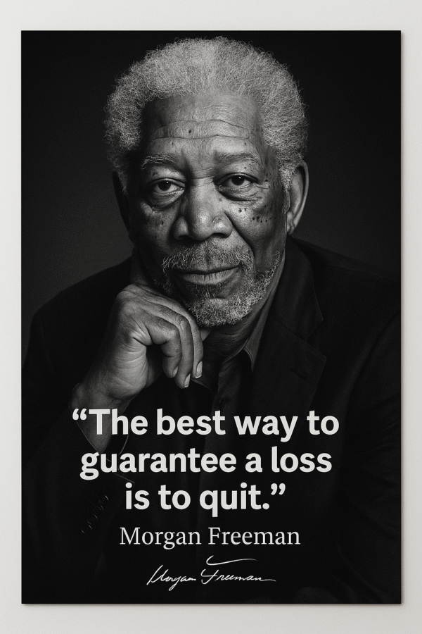 Portræt af Morgan Freeman med citatet 'Den bedste måde at garantere et tab er at give op.'